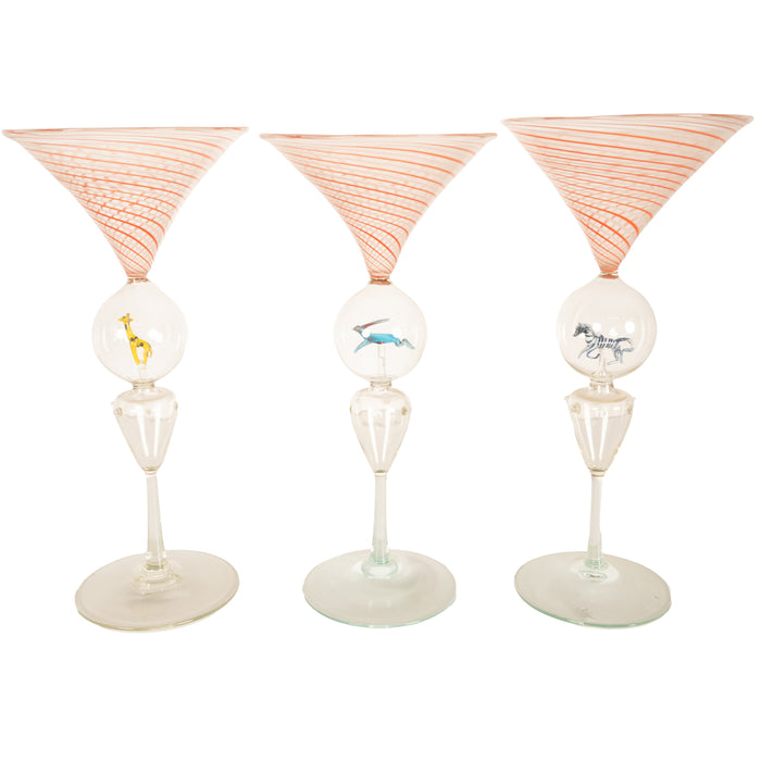 Antique Set 3 Handblown Martini Glasses Animals Bimini Werkstätte Austria 1925