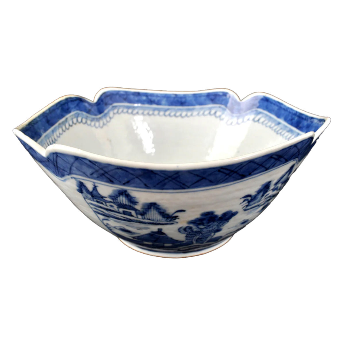 Antique Chinese Qing Dynasty Canton Blue & White Porcelain Bowl, Circa 1820