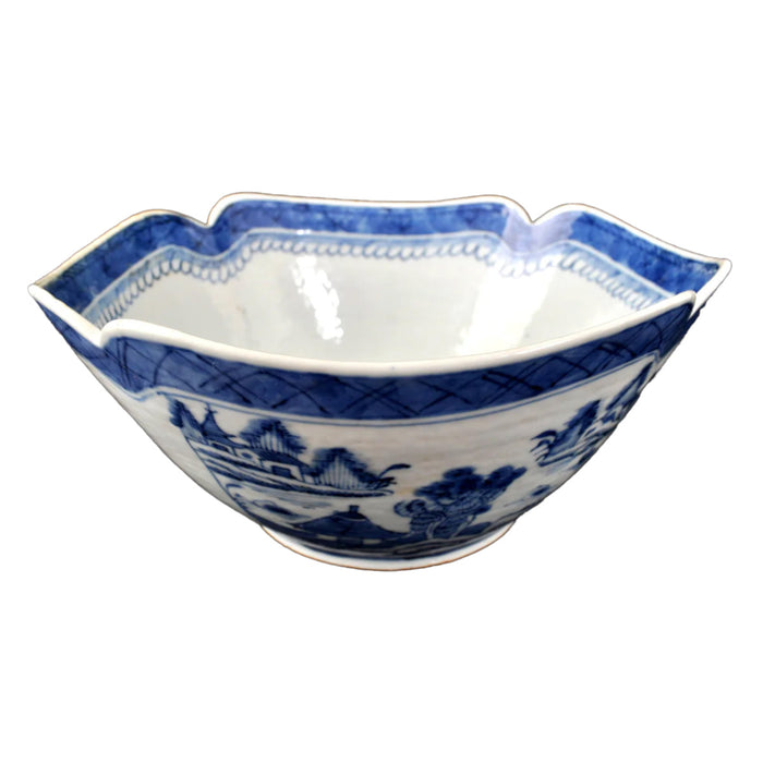 Antique Chinese Qing Dynasty Canton Blue & White Porcelain Bowl, Circa 1820