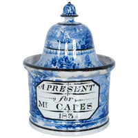Antique Blue & White Pearlware Pottery Humidor "A Present for Mr. Capes 1834"