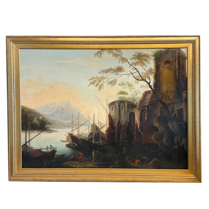 Large 17th Century Italian Oil on Canvas Ships Seascape Painting "Marina delle torri" the Circle of Salvator Rosa, 1660