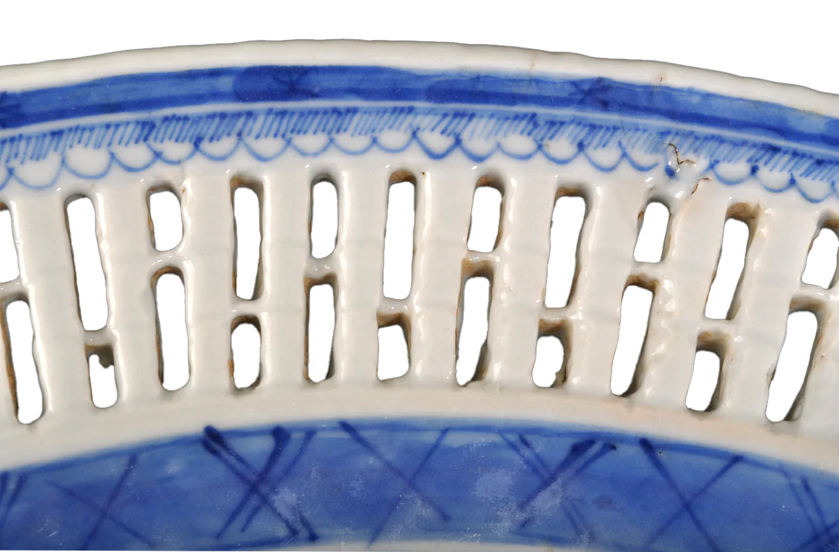 Antique Chinese Qing Dynasty Blue & White Reticulated Serving Bowl and Underplate, Circa 1800