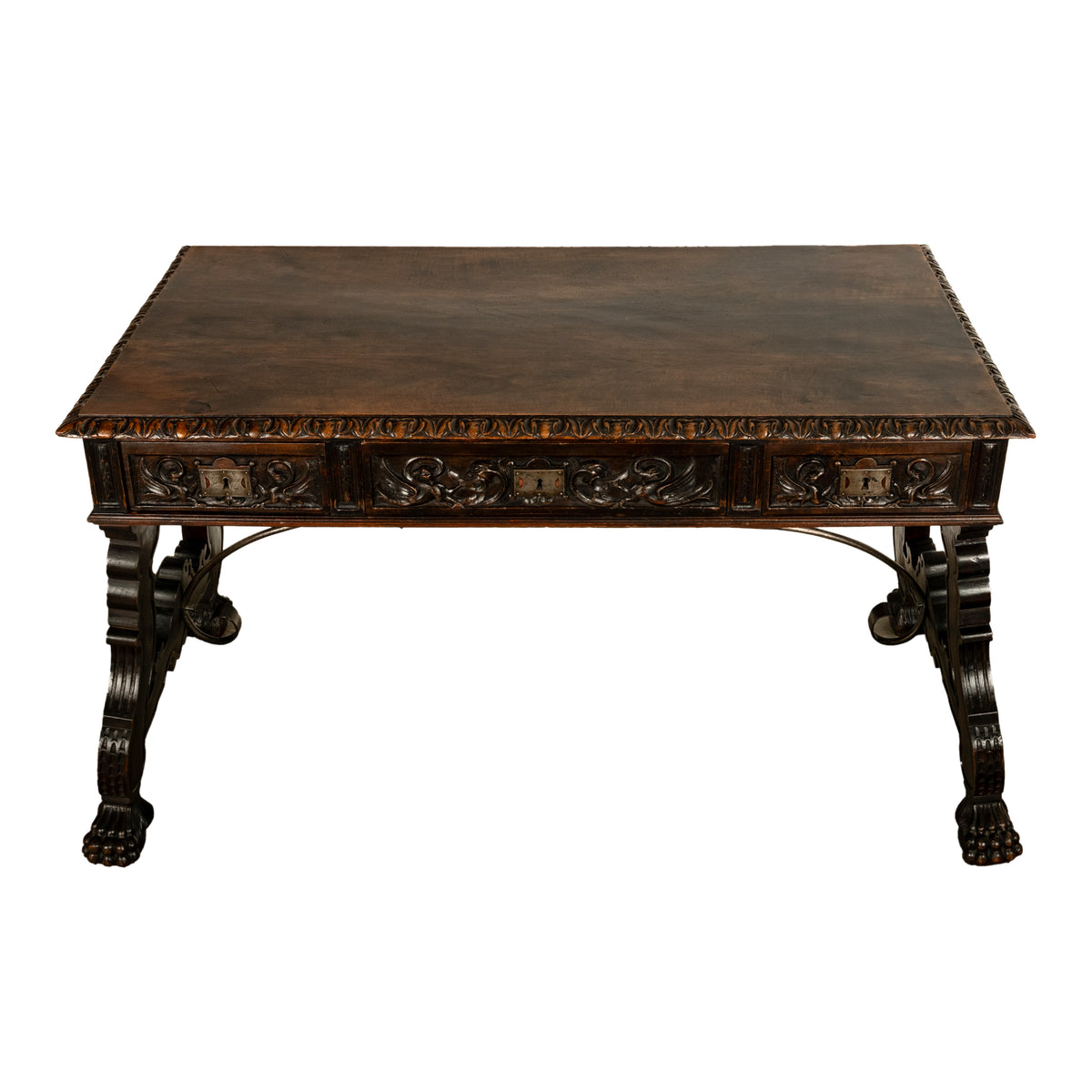 Antique Spanish Baroque Hand-Carved Walnut & Iron Trestle Desk & Chair 1860