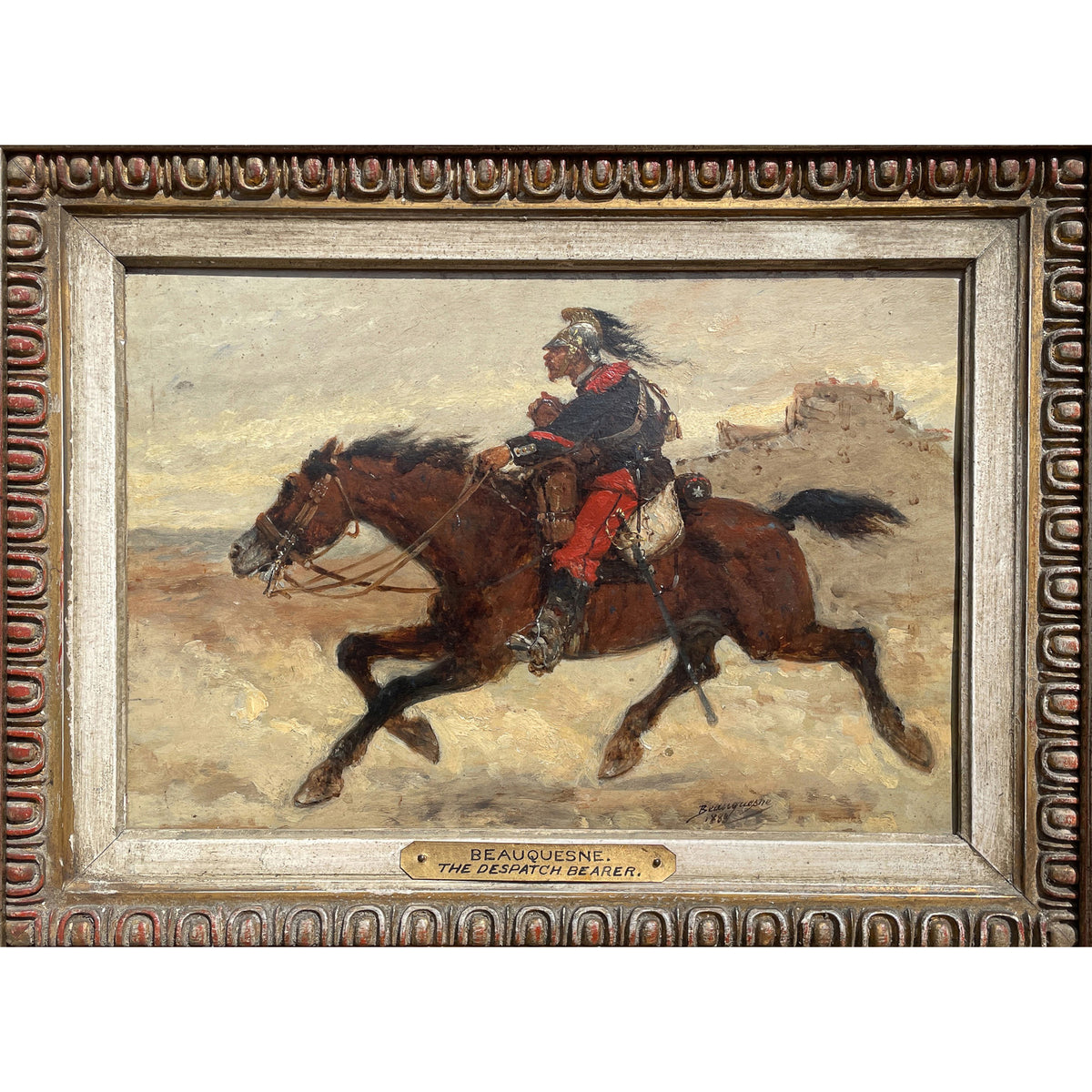 Antique French Oil Painting Army Cavarly Soldier Horse Military Despatch Bearer  by Wilfred Constant Beauquesne, 1883