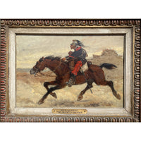 Antique French Oil Painting Army Cavarly Soldier Horse Military Despatch Bearer  by Wilfred Constant Beauquesne, 1883