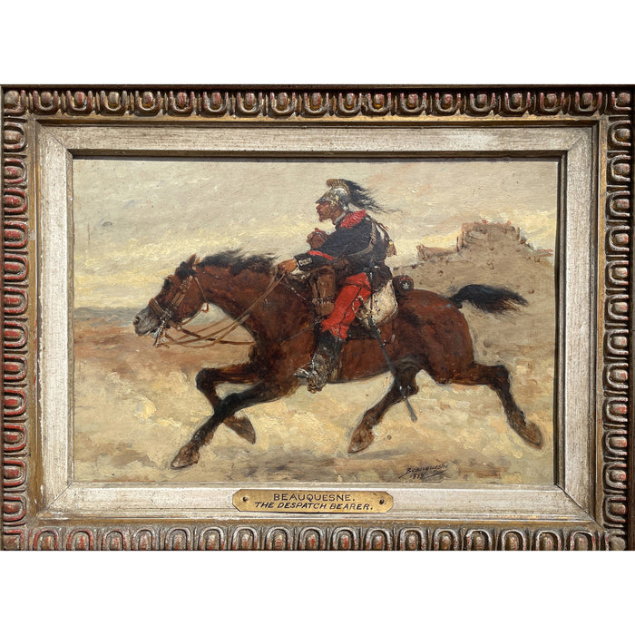 Antique French Oil Painting Army Cavarly Soldier Horse Military Despatch Bearer  by Wilfred Constant Beauquesne, 1883