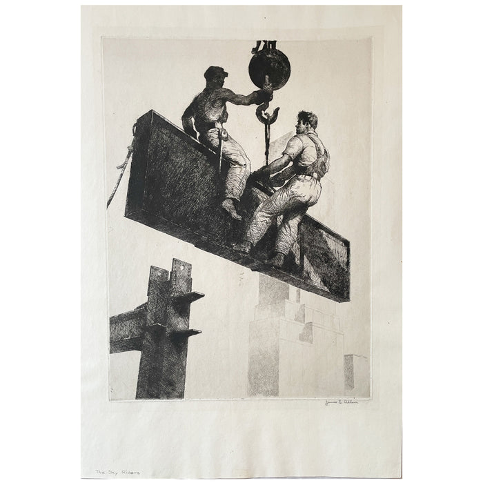 WPA Etching "Sky Riders" Industrial Steelworkers New York Skyscraper Signed by James E Allen 1935