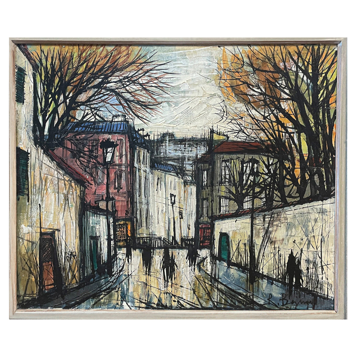 Mid Century French Expressionist Oil on Canvas Paris Street Scene by Renée Bernard, Circa 1960 Signed Titled