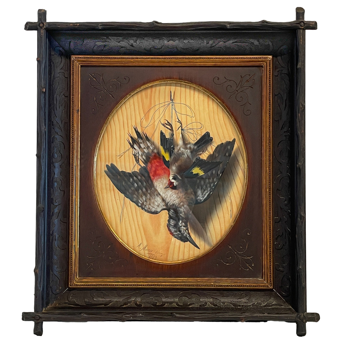 Pair Italian Still Life Trompe-l'œil Oil Paintings Dead Birds Firenze Italy by Michelangelo Meucci, 1873