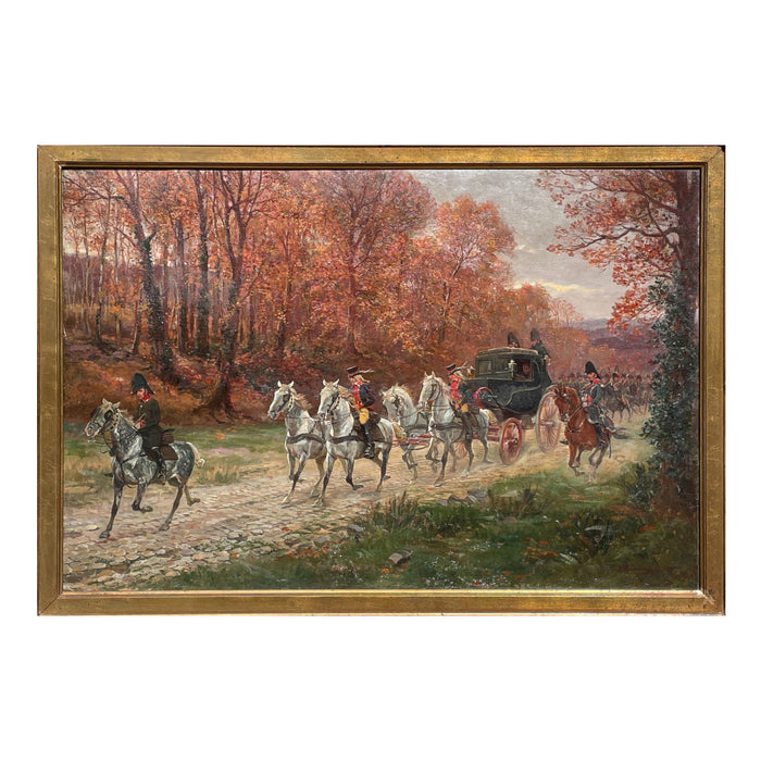 Antique French War Oil Painting Napoleon With His Army Generals Horse & Carriage by Raymond Desvarreux, 1906