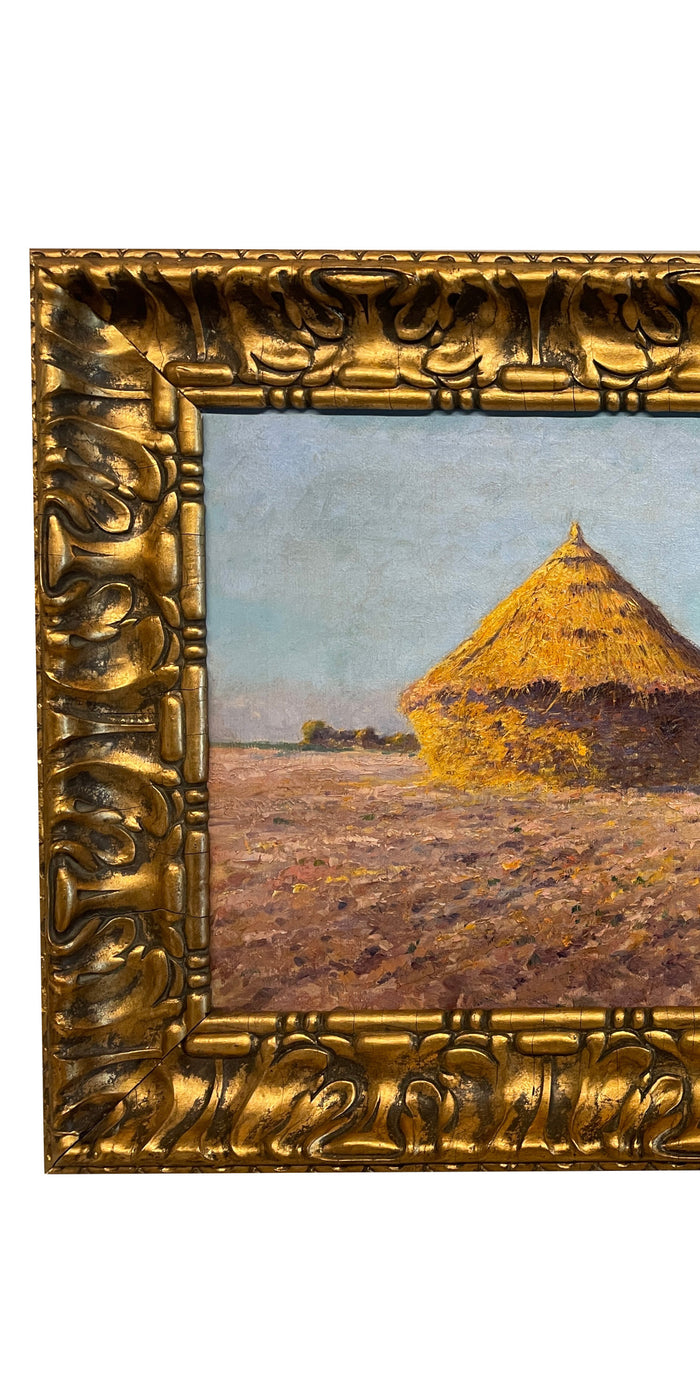 Antique French Post Impressionist Oil Painting Haystack Farm Pastoral Landscape by Max Bouvet 1890