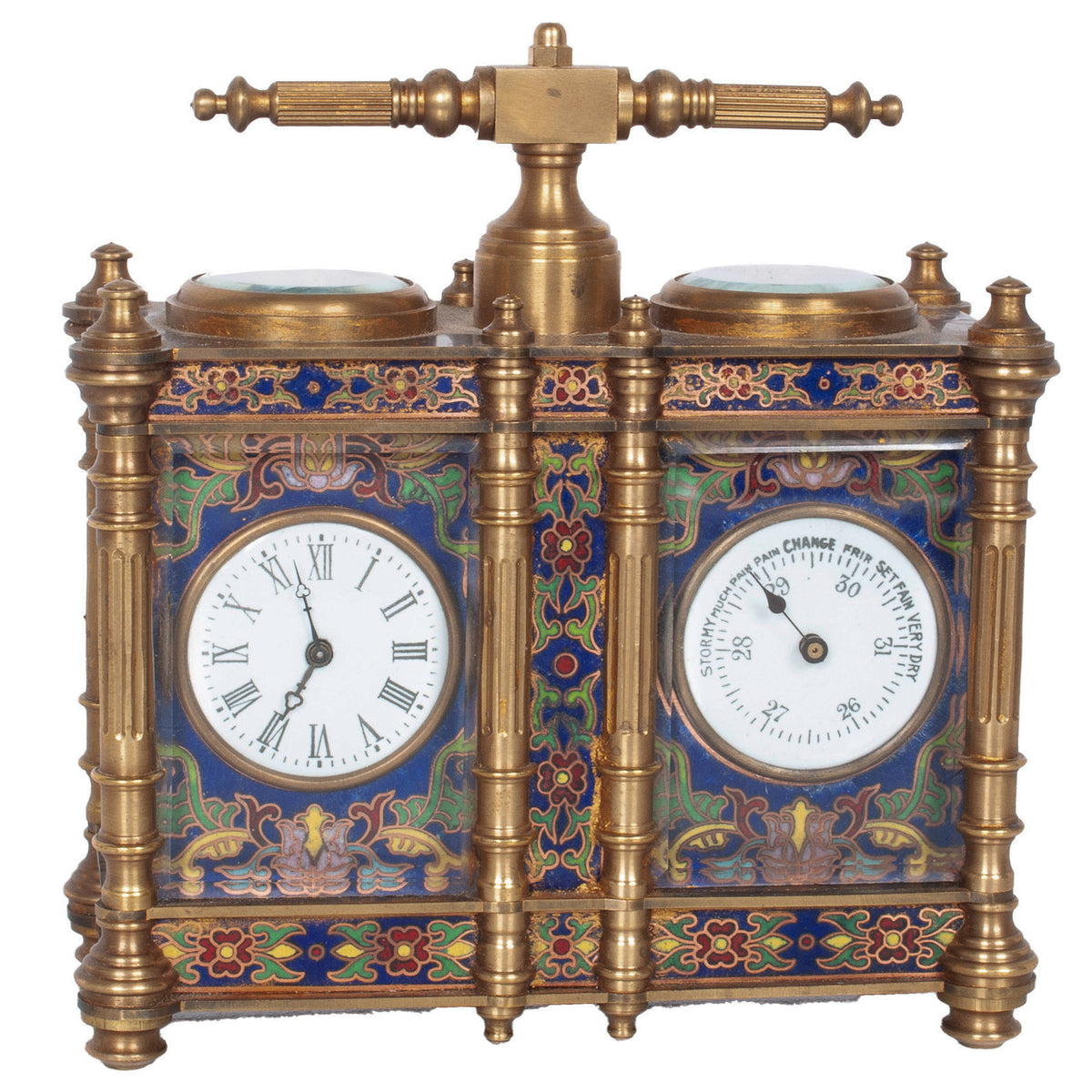 Antique French Brass & Champleve Combination Desk Carriage Clock Barometer 1900