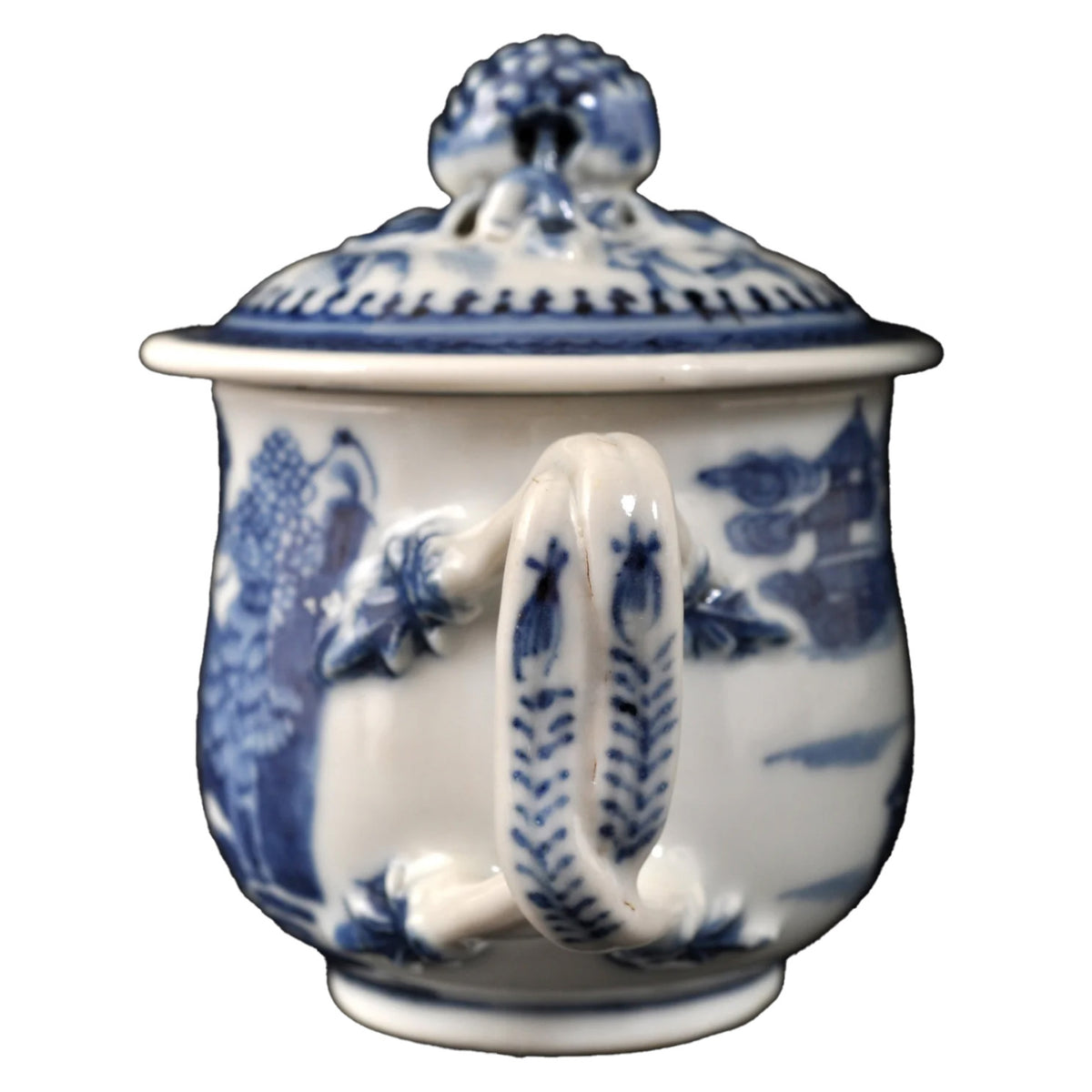 Antique Chinese Qinq Dynasty Canton Blue & White Porcelain Pot de Creme, Circa 1820