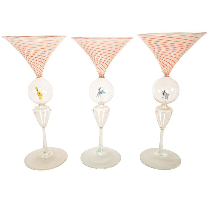 Antique Set 3 Handblown Martini Glasses Animals Bimini Werkstätte Austria 1925