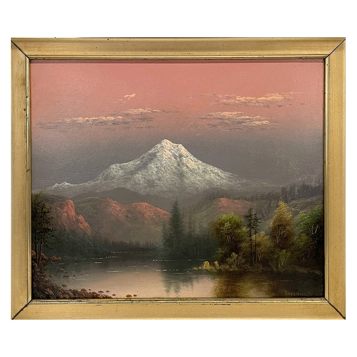 Antique American Realist Oil Painting Landscape Mount Hood at Sunset Oregon by Eliza Barchus, 1900