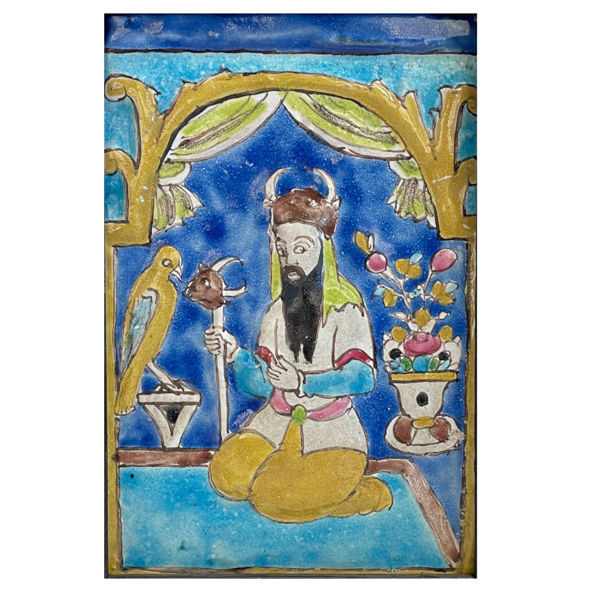 Antique 18th Century Persian Islamic Safavid Cuerda Seca Pottery Tile Rostam Circa 1700