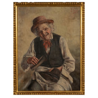 Antique Italian Genre Scene Oil Painting "Shoe Shiner" Cobbler by Ezio Ricci Gilded Florentine Frame, Circa 1910