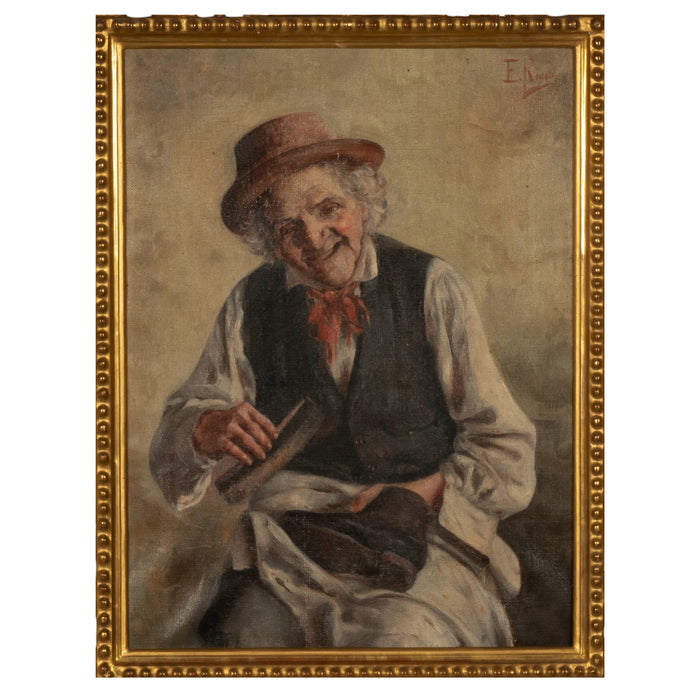 Antique Italian Genre Scene Oil Painting "Shoe Shiner" Cobbler by Ezio Ricci Gilded Florentine Frame, Circa 1910