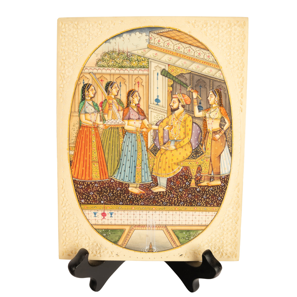 Antique Indian Mughal Miniature Royal Court Women Shah Watercolor Painting 1900