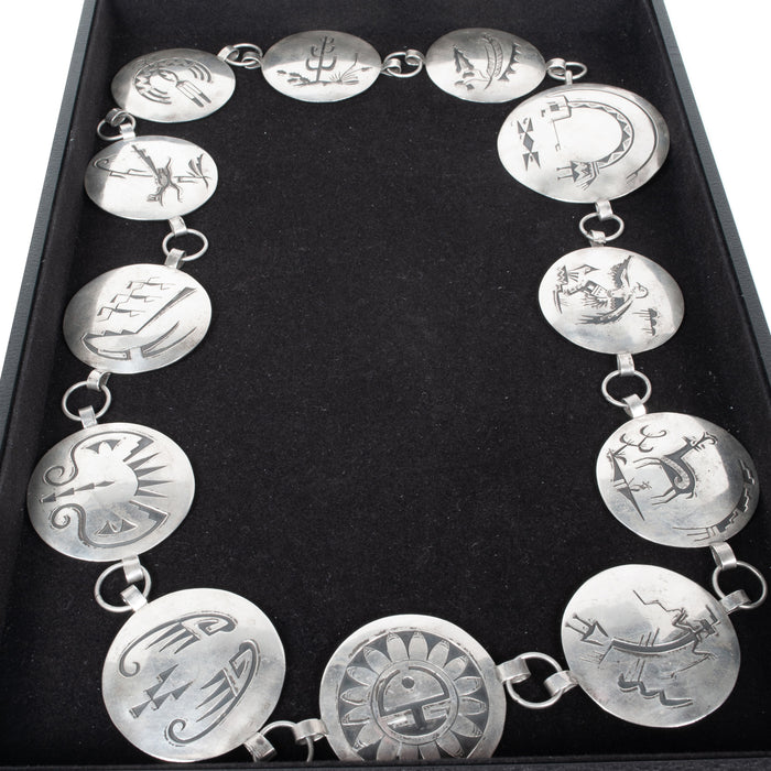 MCM Native American Navajo Silver Engraved Storyteller Concho Belt Willie Yazzie circa 1960