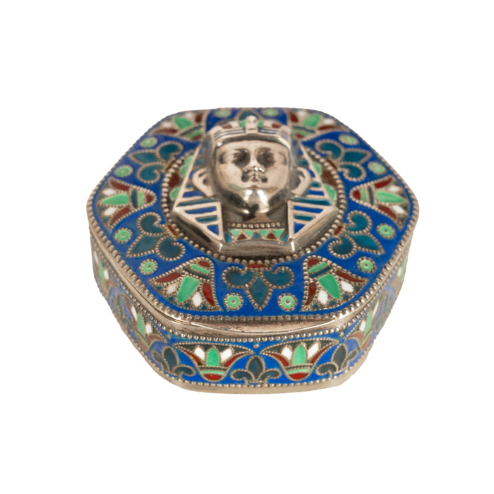 Antique Art Deco King Tut Egyptian Revival Silver Gilt Enamel Cloisonne Box 1925