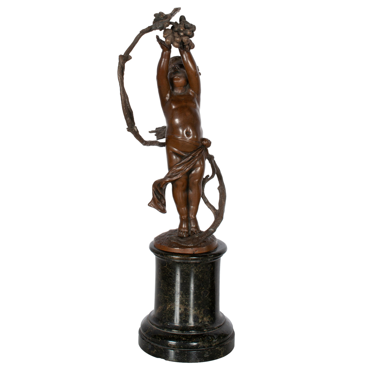Antique Pair Napoleon III French Bronze Marble Putti Cherubs Wine Grape Bacchus Statues 1860