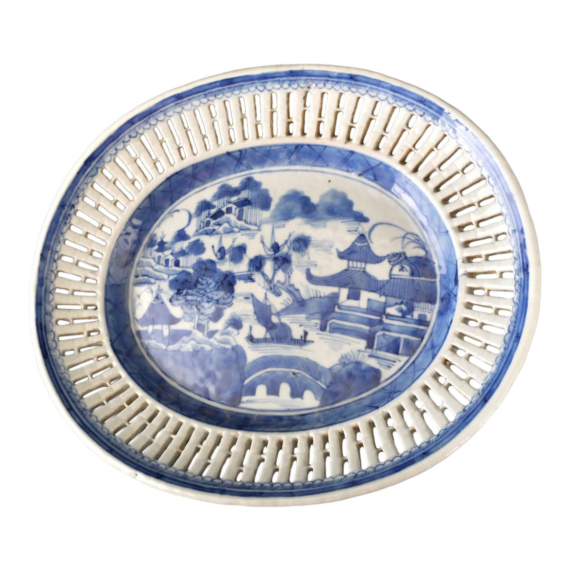 Antique Chinese Qing Dynasty Blue & White Reticulated Serving Bowl and Underplate, Circa 1800