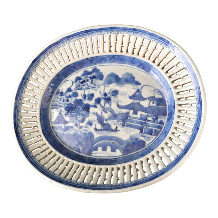 Antique Chinese Qing Dynasty Blue & White Reticulated Serving Bowl and Underplate, Circa 1800