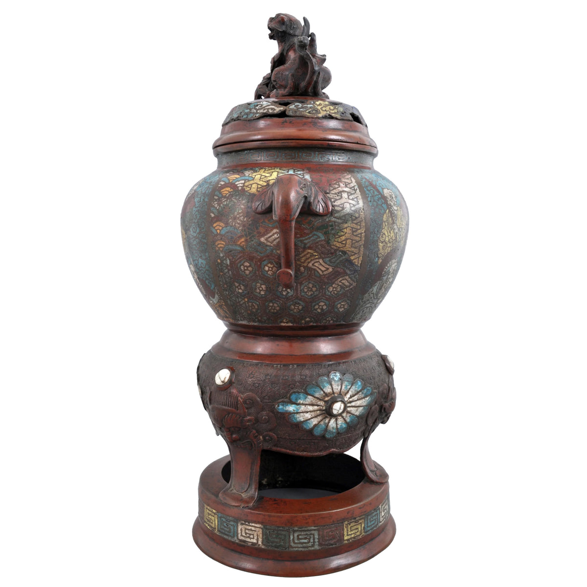 Antique Chinese Qing Dynasty Archaic Style Bronze Enamel Champlevé Censer / Incense Burner, Circa 1880