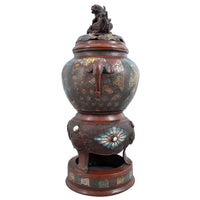 Antique Chinese Qing Dynasty Archaic Style Bronze Enamel Champlevé Censer / Incense Burner, Circa 1880