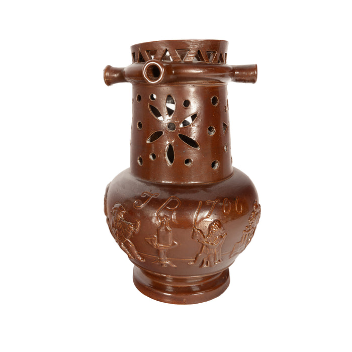 Antique English 18th Century English Brown Stoneware Puzzle Jug Nottingham 1706