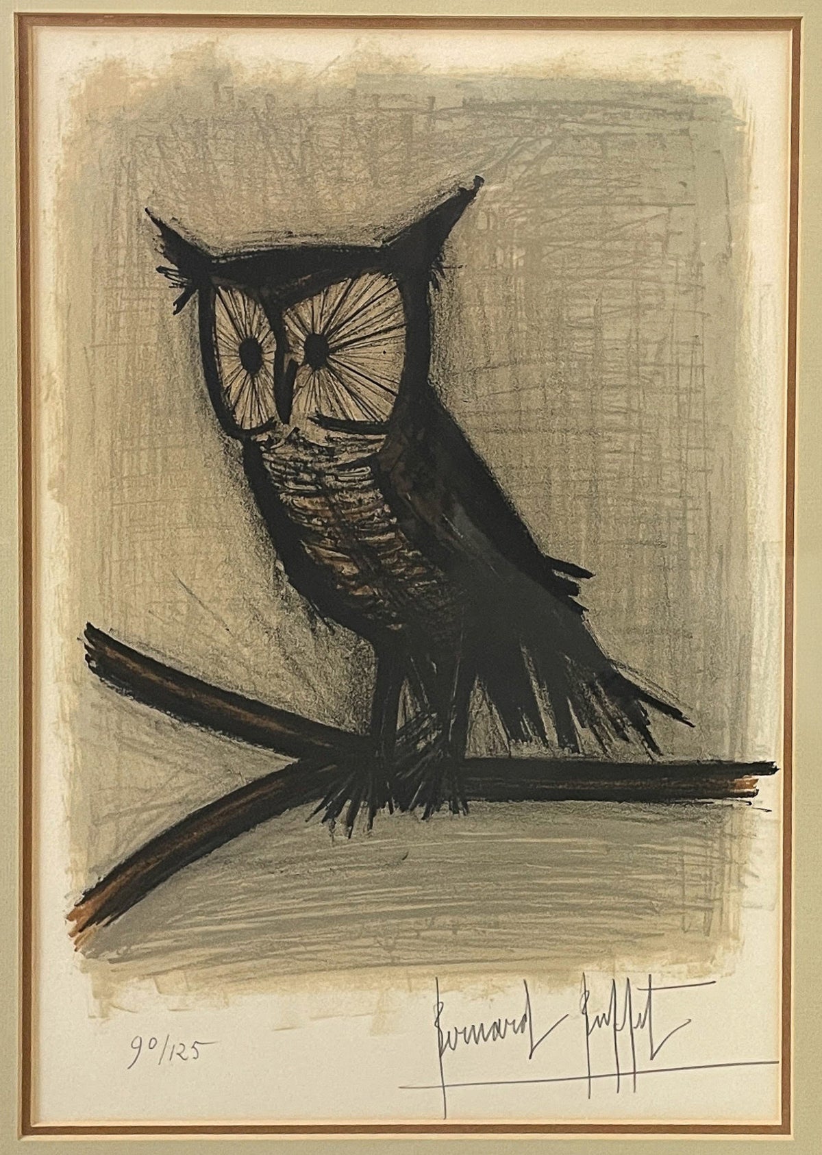 Original Pencil Signed Numbered French Expressionist Color Lithograph of an Owl  by Bernard Buffet, circa 1968