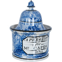 Antique Blue & White Pearlware Pottery Humidor "A Present for Mr. Capes 1834"