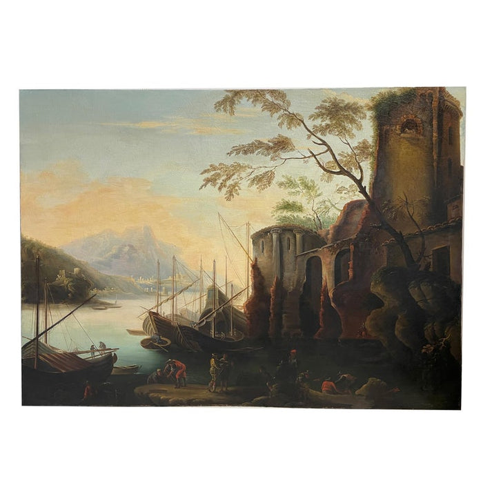 Large 17th Century Italian Oil on Canvas Ships Seascape Painting "Marina delle torri" the Circle of Salvator Rosa, 1660