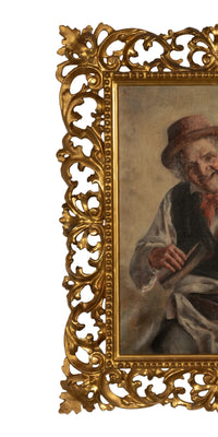 Antique Italian Genre Scene Oil Painting "Shoe Shiner" Cobbler by Ezio Ricci Gilded Florentine Frame, Circa 1910