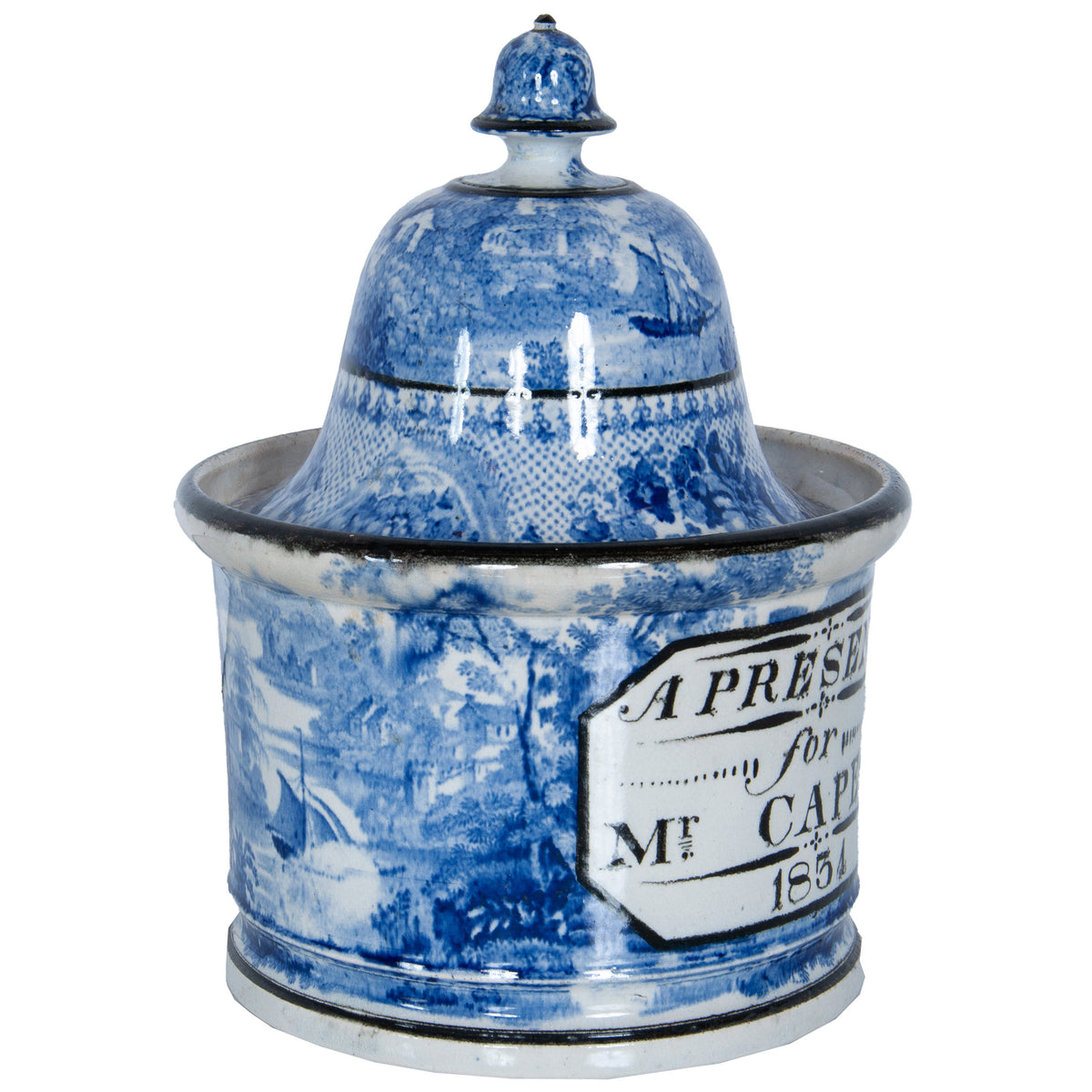 Antique Blue & White Pearlware Pottery Humidor "A Present for Mr. Capes 1834"