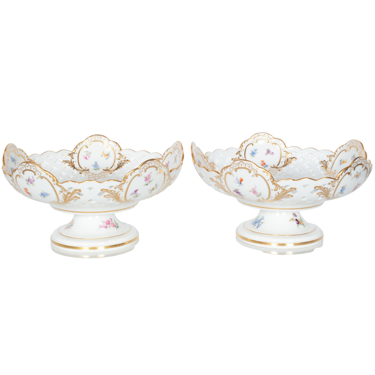Pair Antique German Meissen Porcelain Openwork Compotes Footed Gilt Floral Bowls