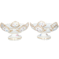 Pair Antique German Meissen Porcelain Openwork Compotes Footed Gilt Floral Bowls