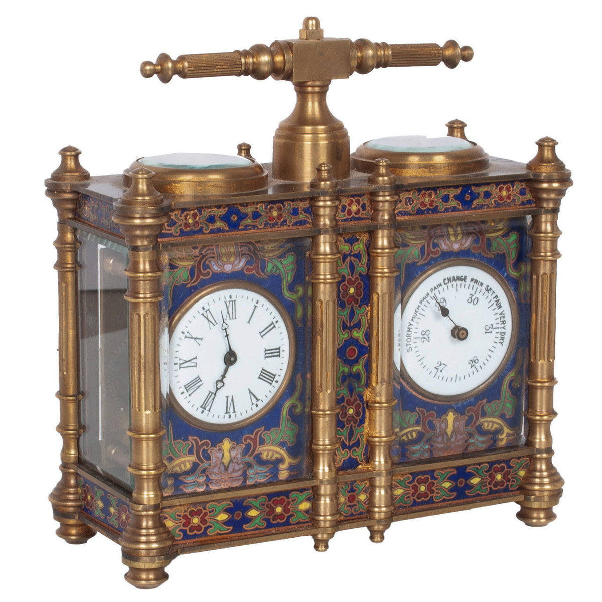 Antique French Brass & Champleve Combination Desk Carriage Clock Barometer 1900