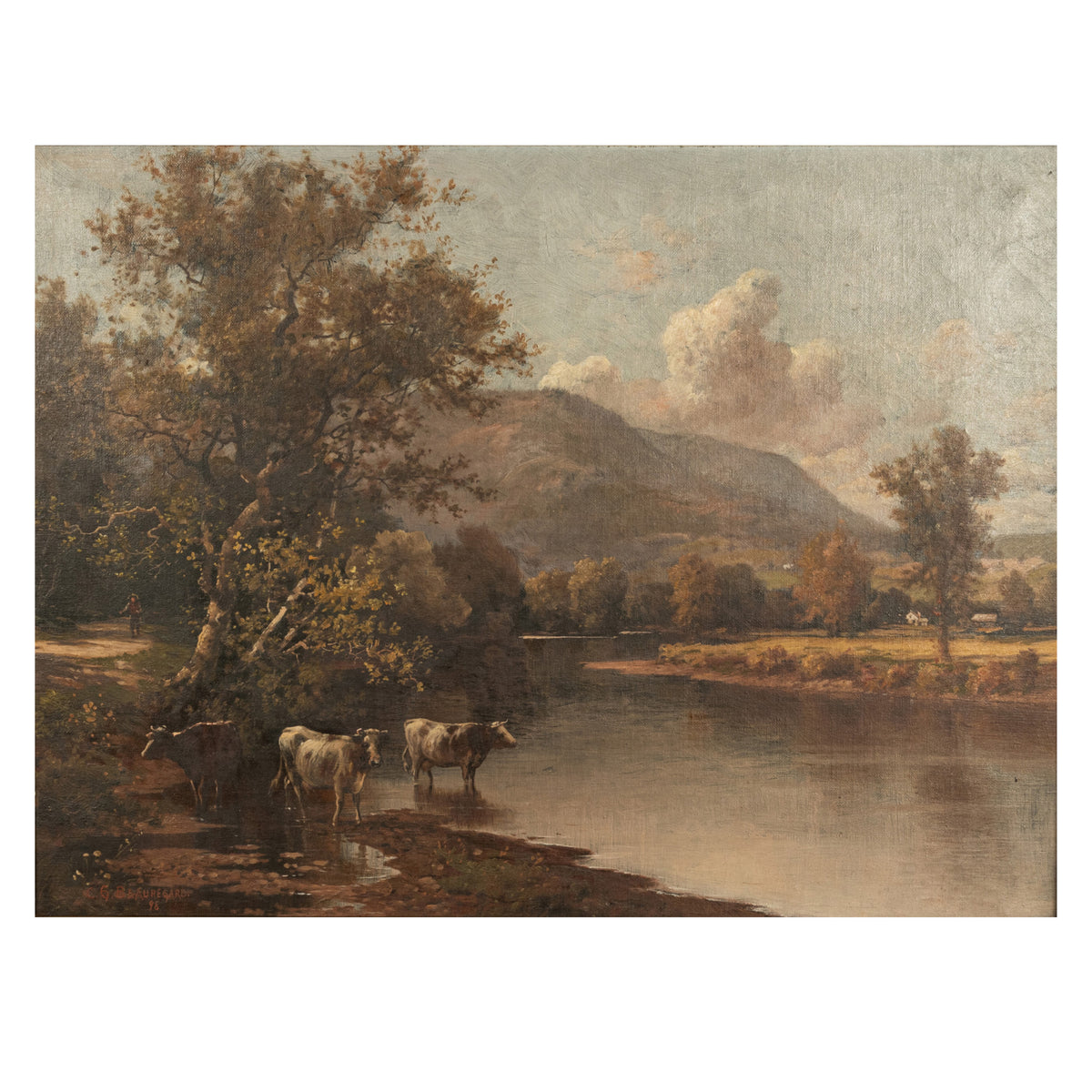 Antique American Hudson River School Oil Painting Cows Landscape Troy New York by Charles Grant Beauregard 1898