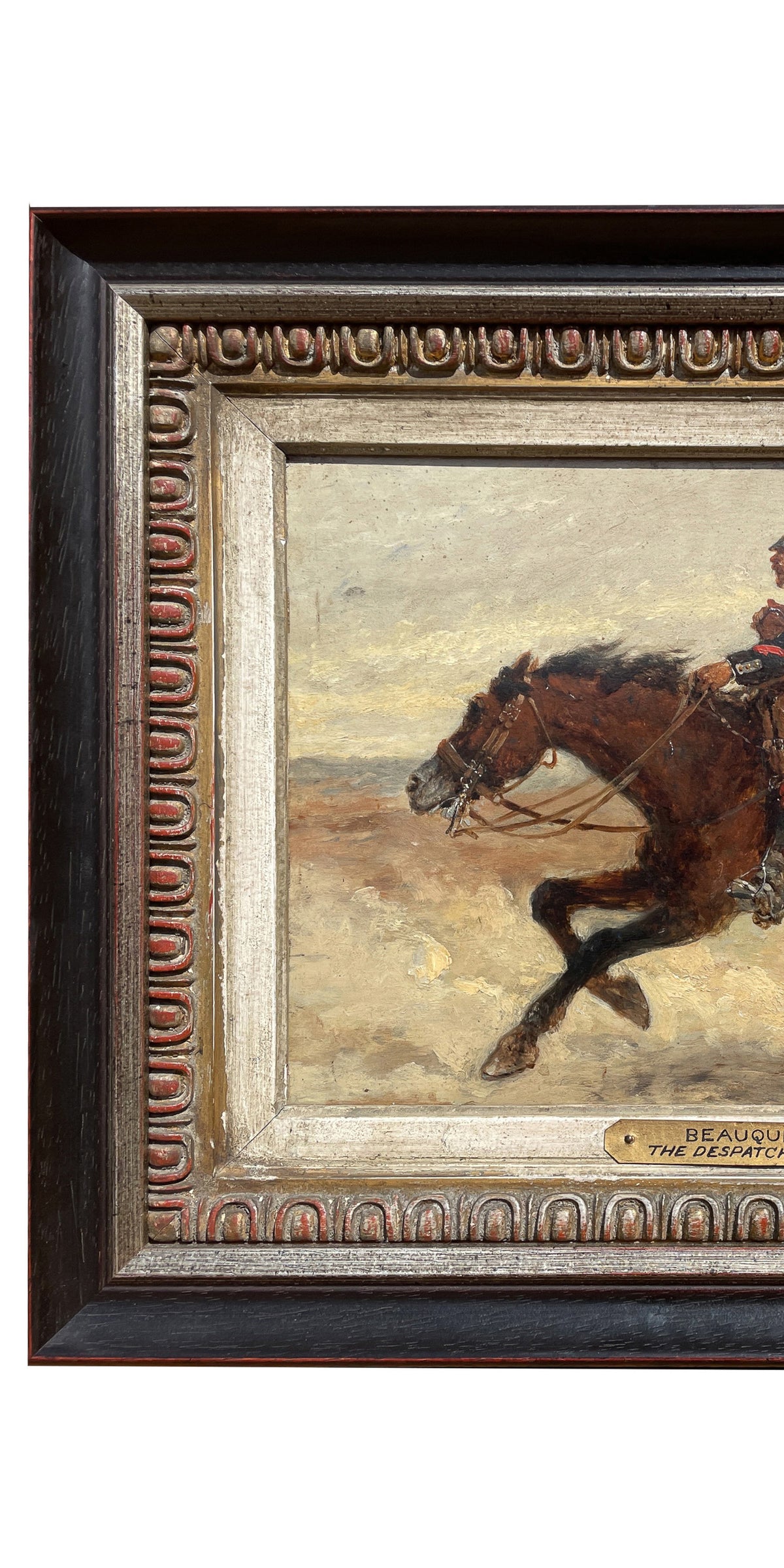 Antique French Oil Painting Army Cavarly Soldier Horse Military Despatch Bearer  by Wilfred Constant Beauquesne, 1883