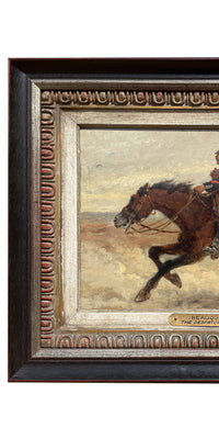 Antique French Oil Painting Army Cavarly Soldier Horse Military Despatch Bearer  by Wilfred Constant Beauquesne, 1883