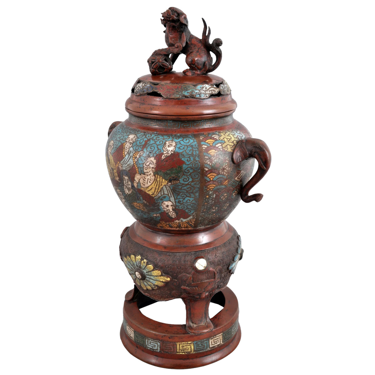 Antique Chinese Qing Dynasty Archaic Style Bronze Enamel Champlevé Censer / Incense Burner, Circa 1880