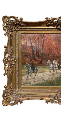 Antique French War Oil Painting Napoleon With His Army Generals Horse & Carriage by Raymond Desvarreux, 1906