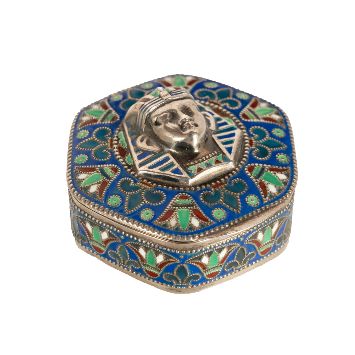 Antique Art Deco King Tut Egyptian Revival Silver Gilt Enamel Cloisonne Box 1925