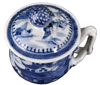 Antique Chinese Qinq Dynasty Canton Blue & White Porcelain Pot de Creme, Circa 1820
