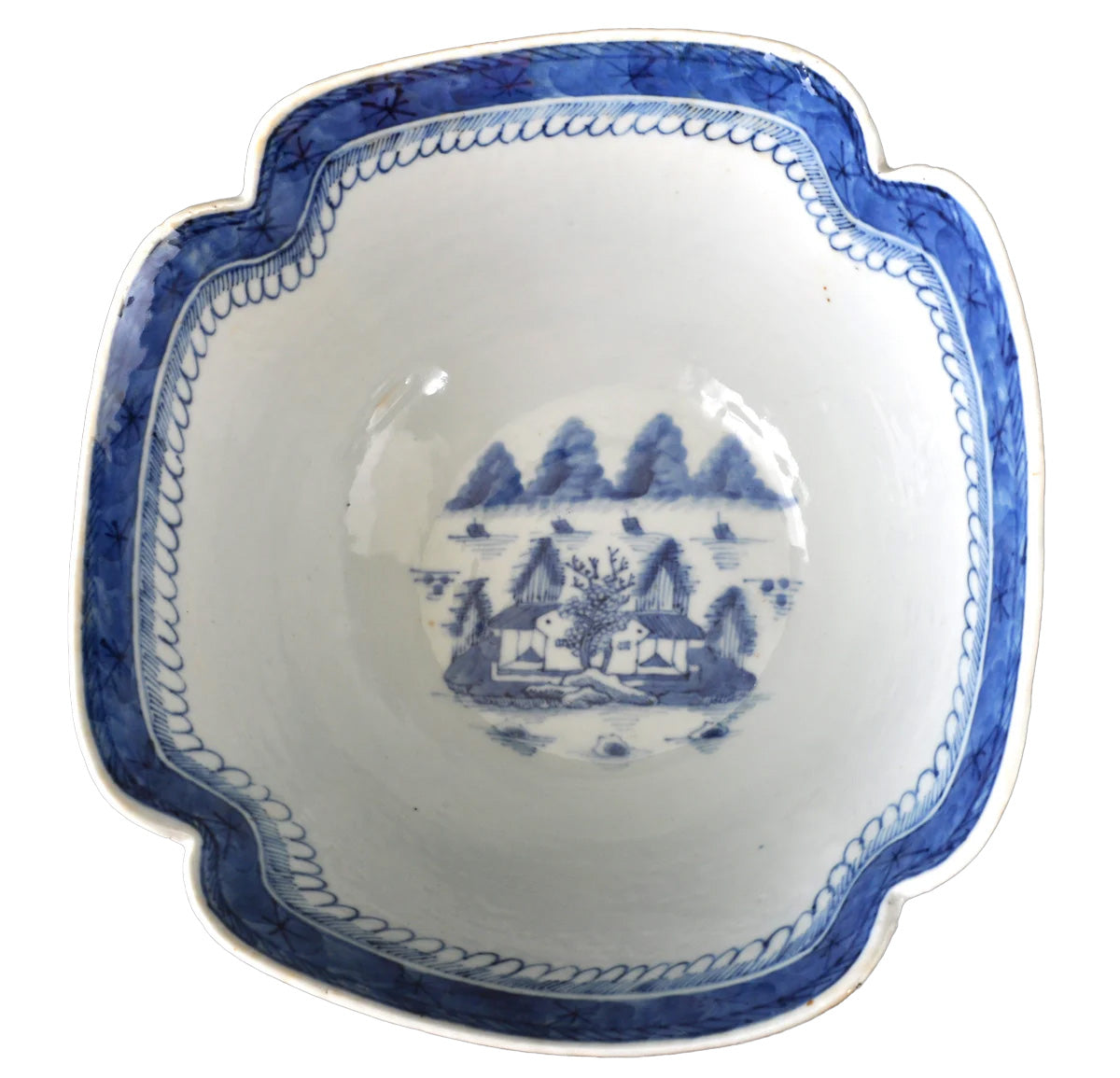 Antique Chinese Qing Dynasty Canton Blue & White Porcelain Bowl, Circa 1820