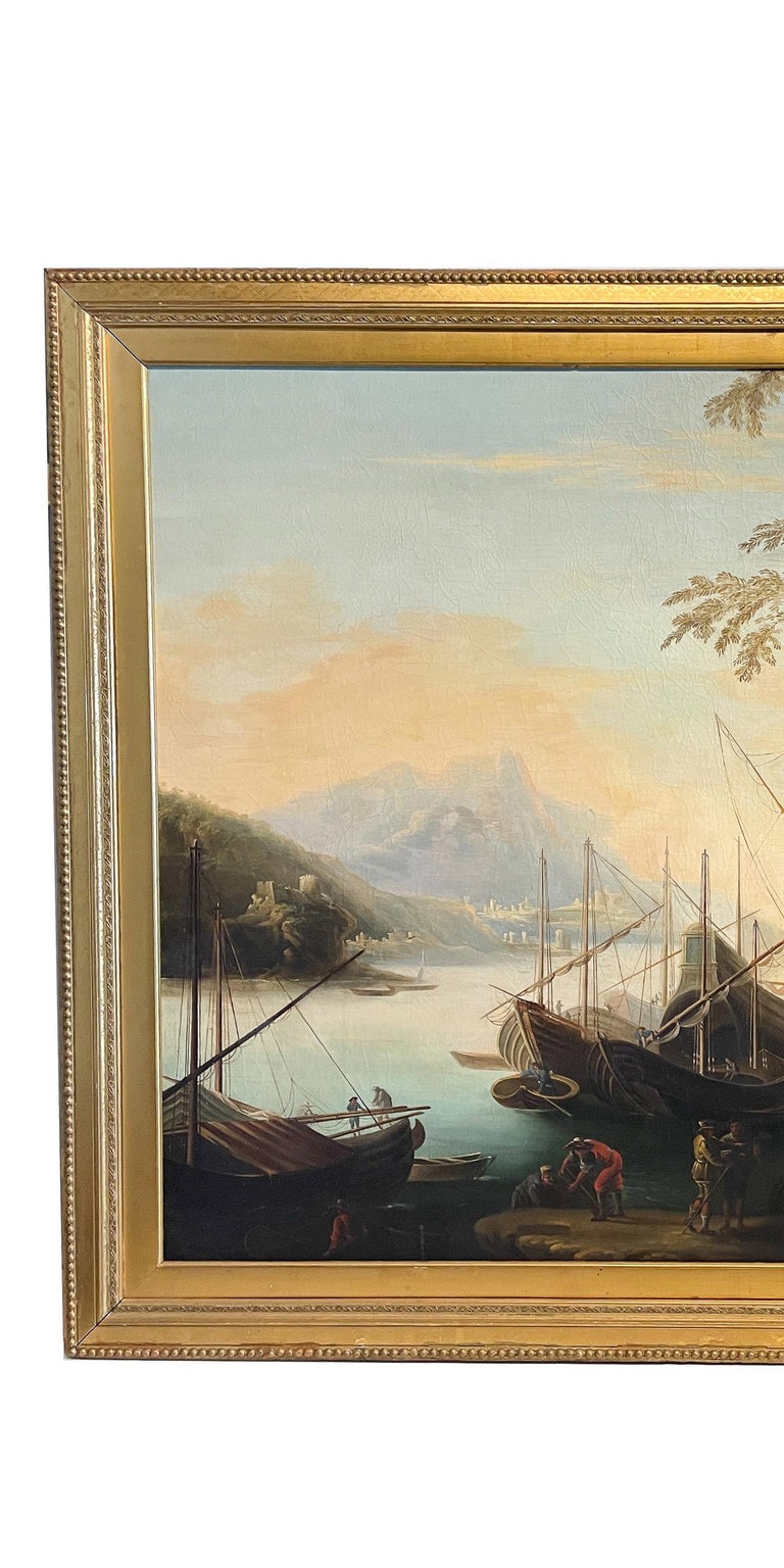 Large 17th Century Italian Oil on Canvas Ships Seascape Painting "Marina delle torri" the Circle of Salvator Rosa, 1660