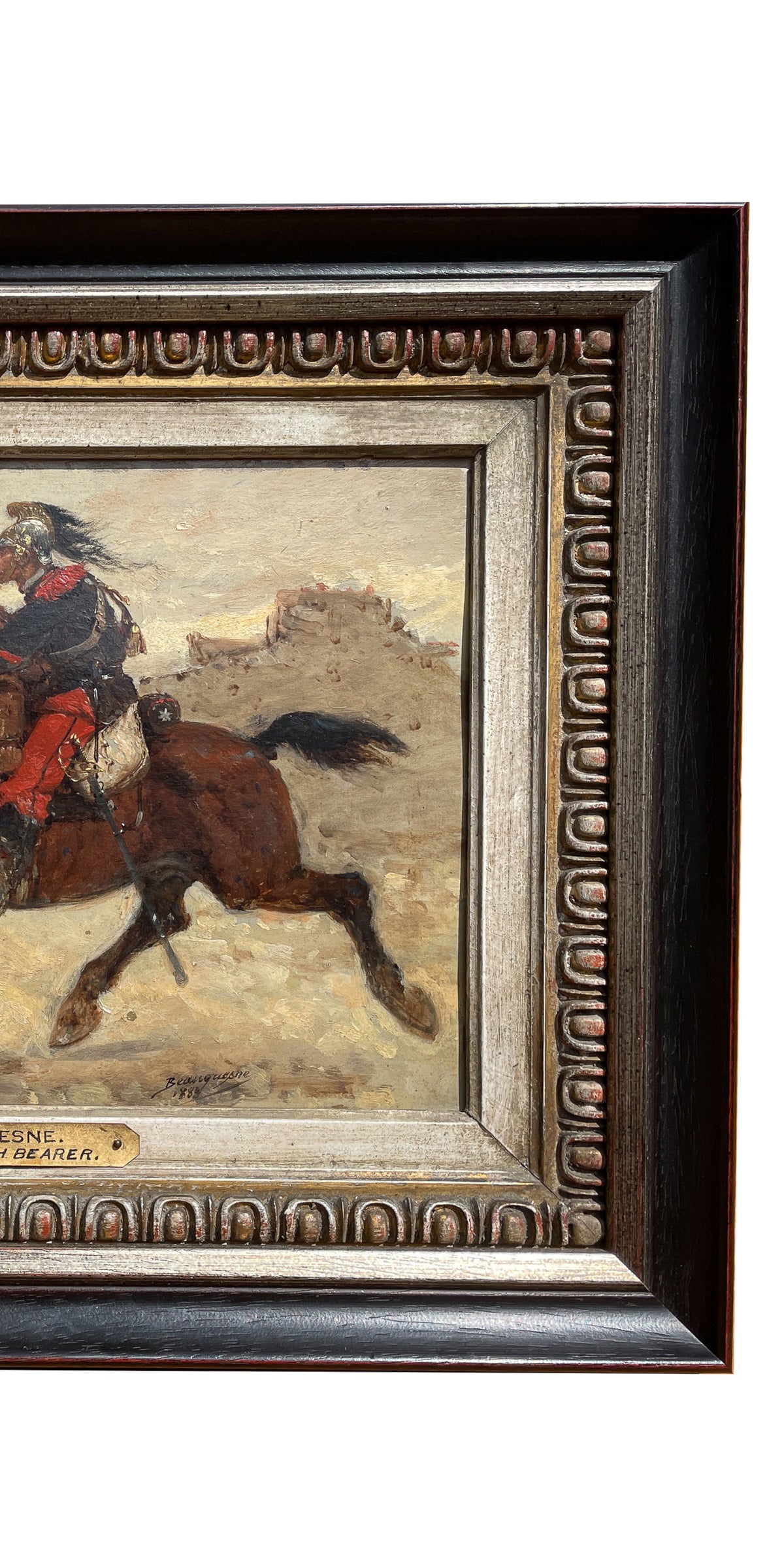 Antique French Oil Painting Army Cavarly Soldier Horse Military Despatch Bearer  by Wilfred Constant Beauquesne, 1883