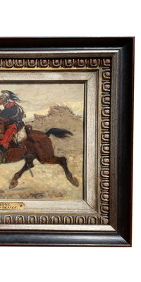 Antique French Oil Painting Army Cavarly Soldier Horse Military Despatch Bearer  by Wilfred Constant Beauquesne, 1883
